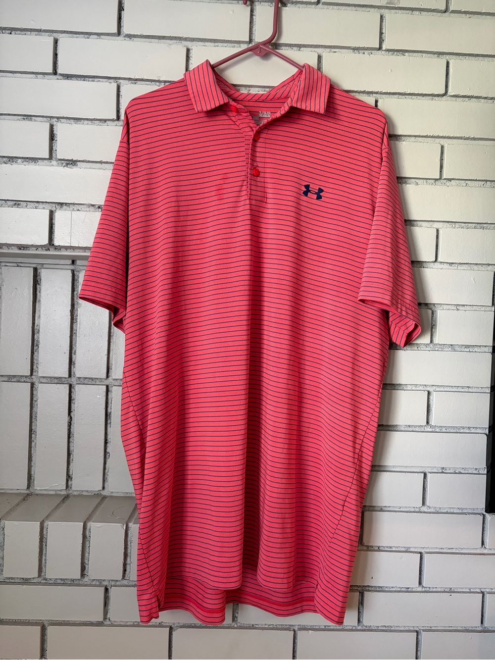 Under Armour Men’s Coral Pink Striped Polo with Navy Logo
